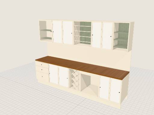 Country-style kitchen wall run — 3D model designed in Prompt2CAD