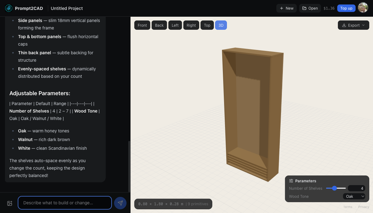 3D bookshelf model with oak wood shelves generated by AI in Prompt2CAD