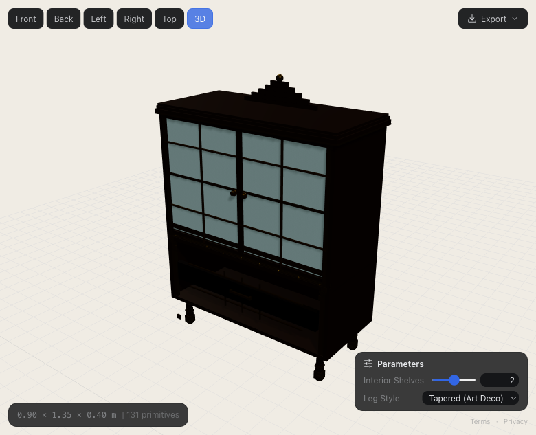 Art Deco bar cabinet with glass doors and gold accents designed in Prompt2CAD