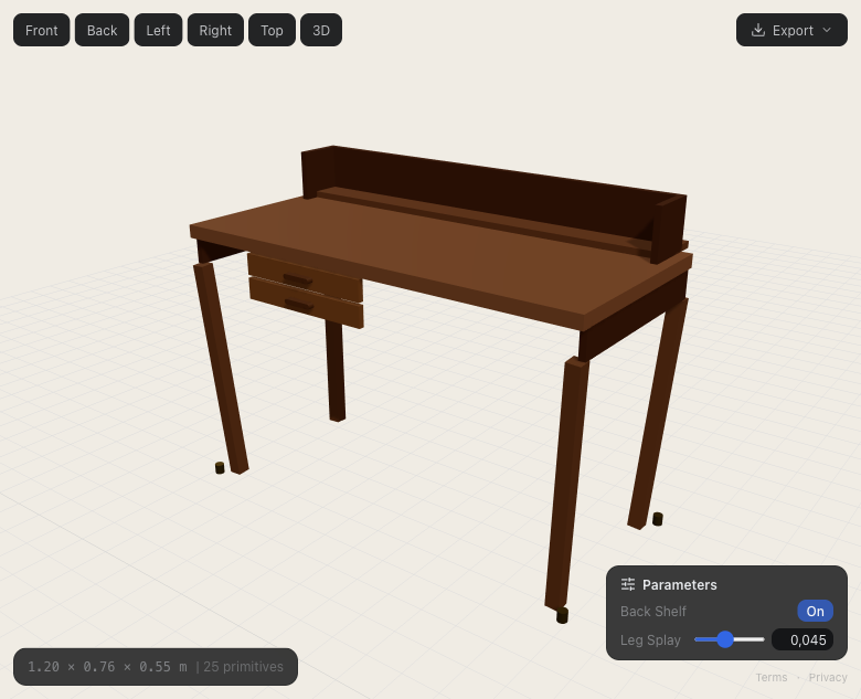Mid-century modern writing desk with teak wood and brass details created in Prompt2CAD